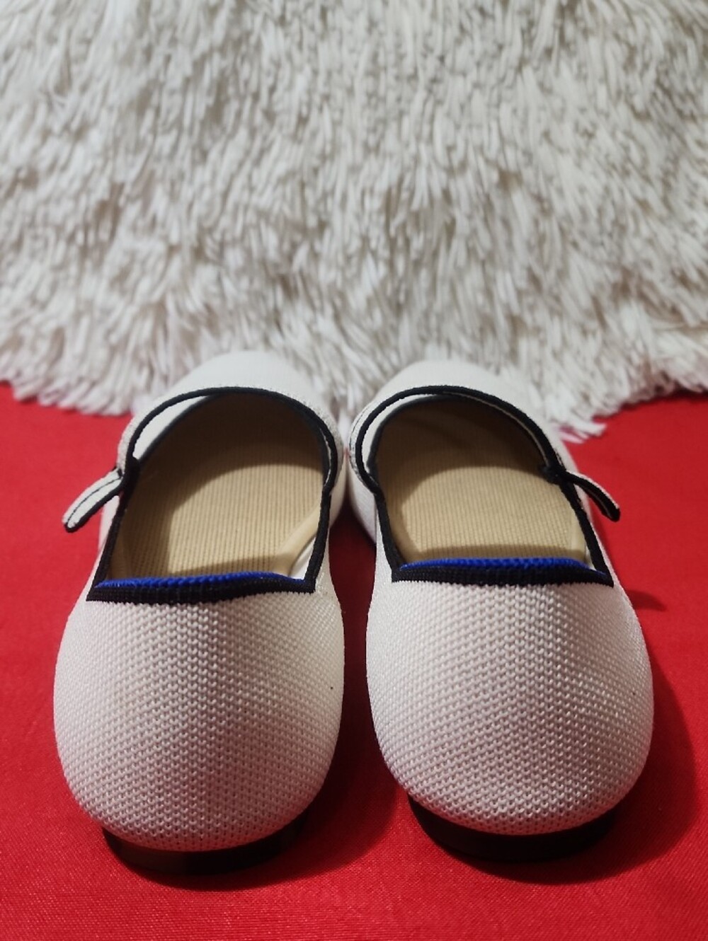 Rothy's The Square  Cream Mary Jane Flats with Black Trim and Blue Edge - Picture 5 of 11